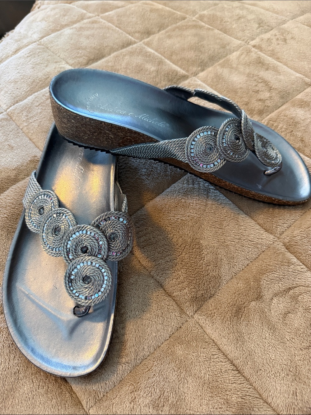 Andrea e Michele Metallic Silver Beaded Wedge Thong Sandals, Made in Italy